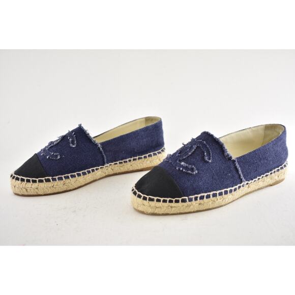 Chanel REV Blue Black Linen Canvas CC Logo Double Sole Espadrille Flat 37 RARE - Picture 12 of 14